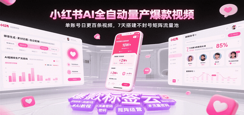 小红书AI全自动量产爆款视频，单账号日更百条视频，7天搭建不封号矩阵流量池-无界集思营